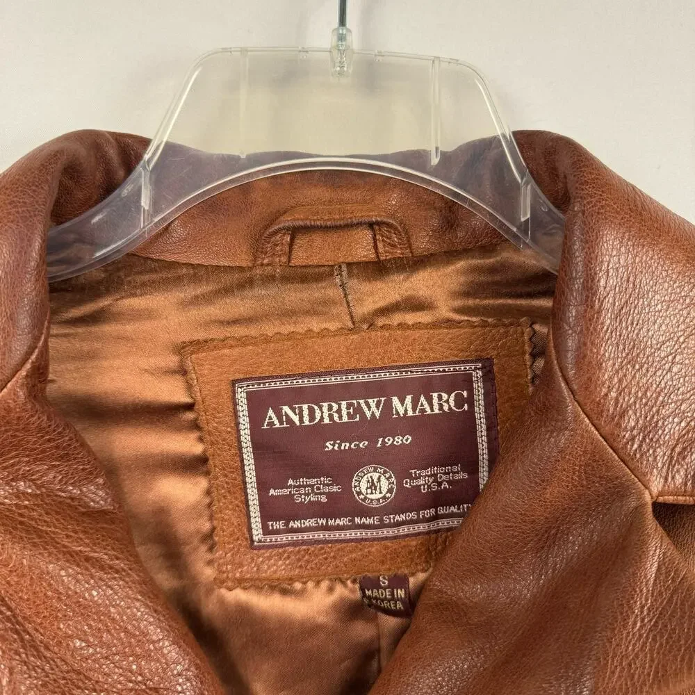 Andrew Marc Leather Car Coat S Brown Button Front Classic Heritage Luxury Jacket
